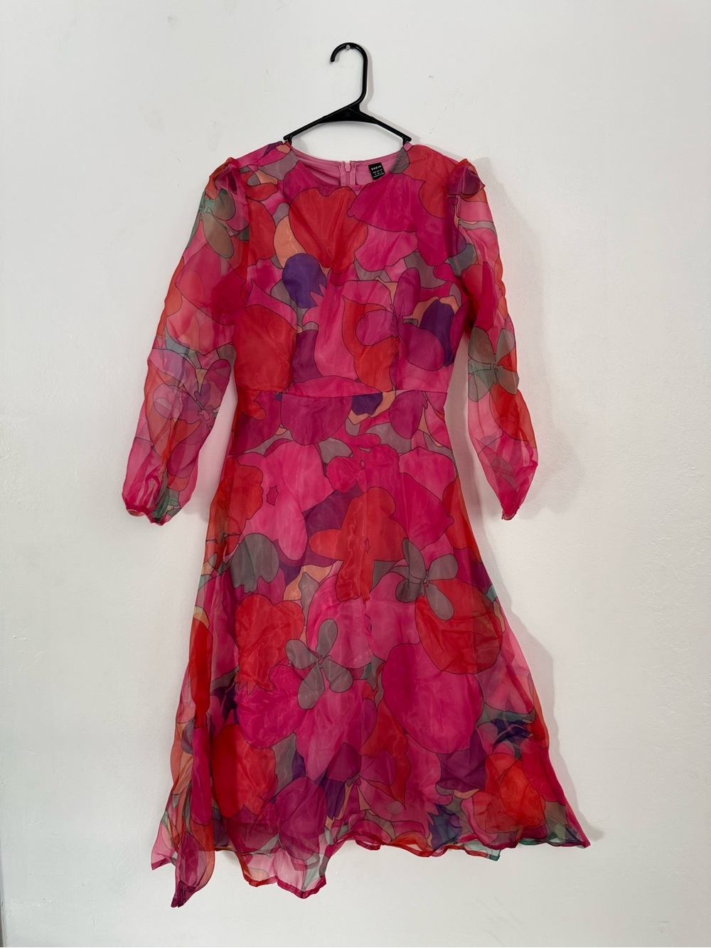 SHEIN Pink & Red Floral Sheer Long-Sleeve Midi Dress